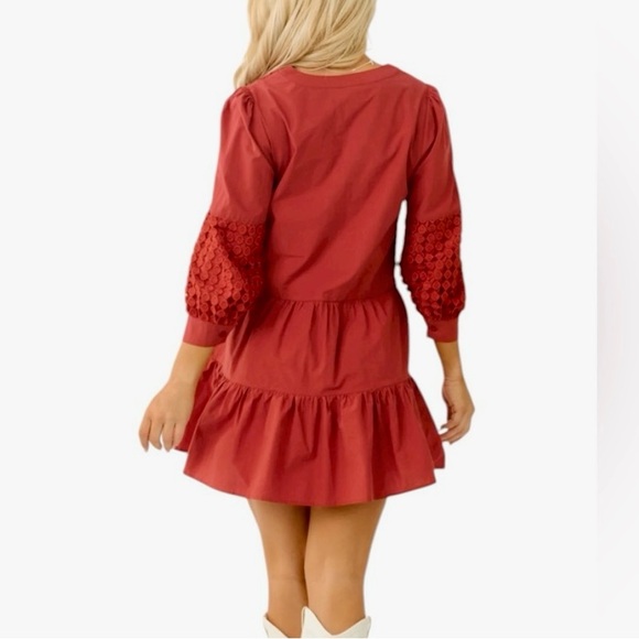 Baby Pink Rust Red Crochet Tiered Ruffle Mini Dress Medium - Picture 2 of 12